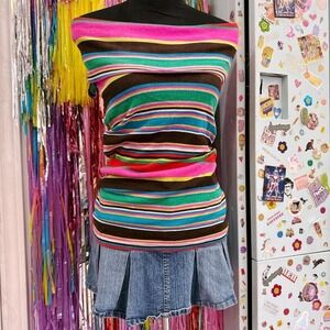 Y2K 2000s bright striped on or off shoulder long tee